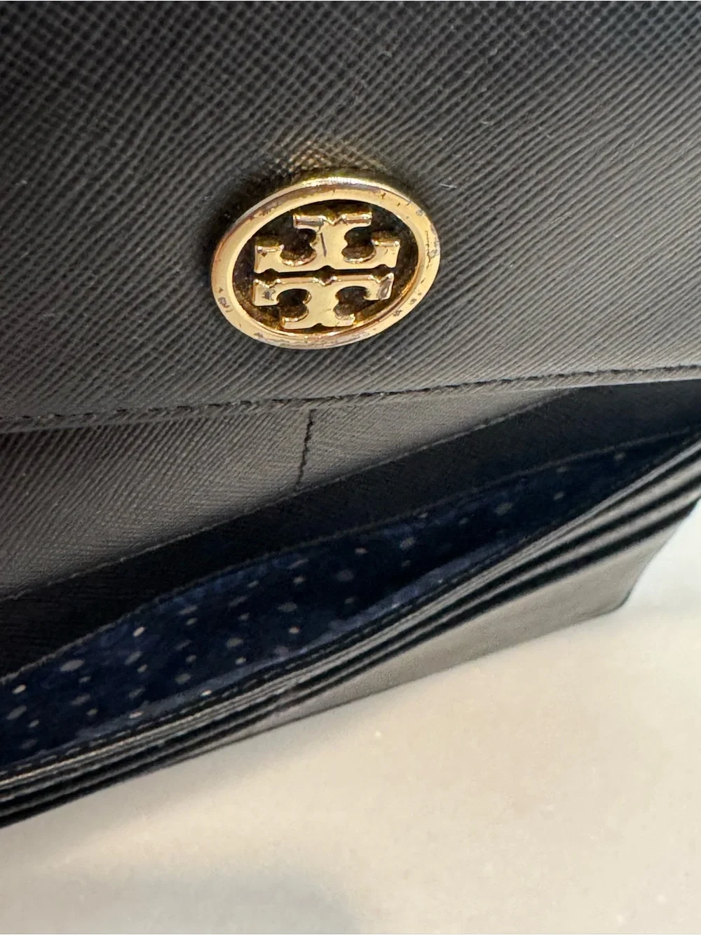 Tory Burch Black Leather Logo Flap Wallet with Gold Emblem